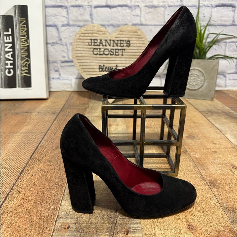 CHLOE Black Suede Block Chunky Heel Pump Shoes Round Toe Size Euro 39.5 US 9.5